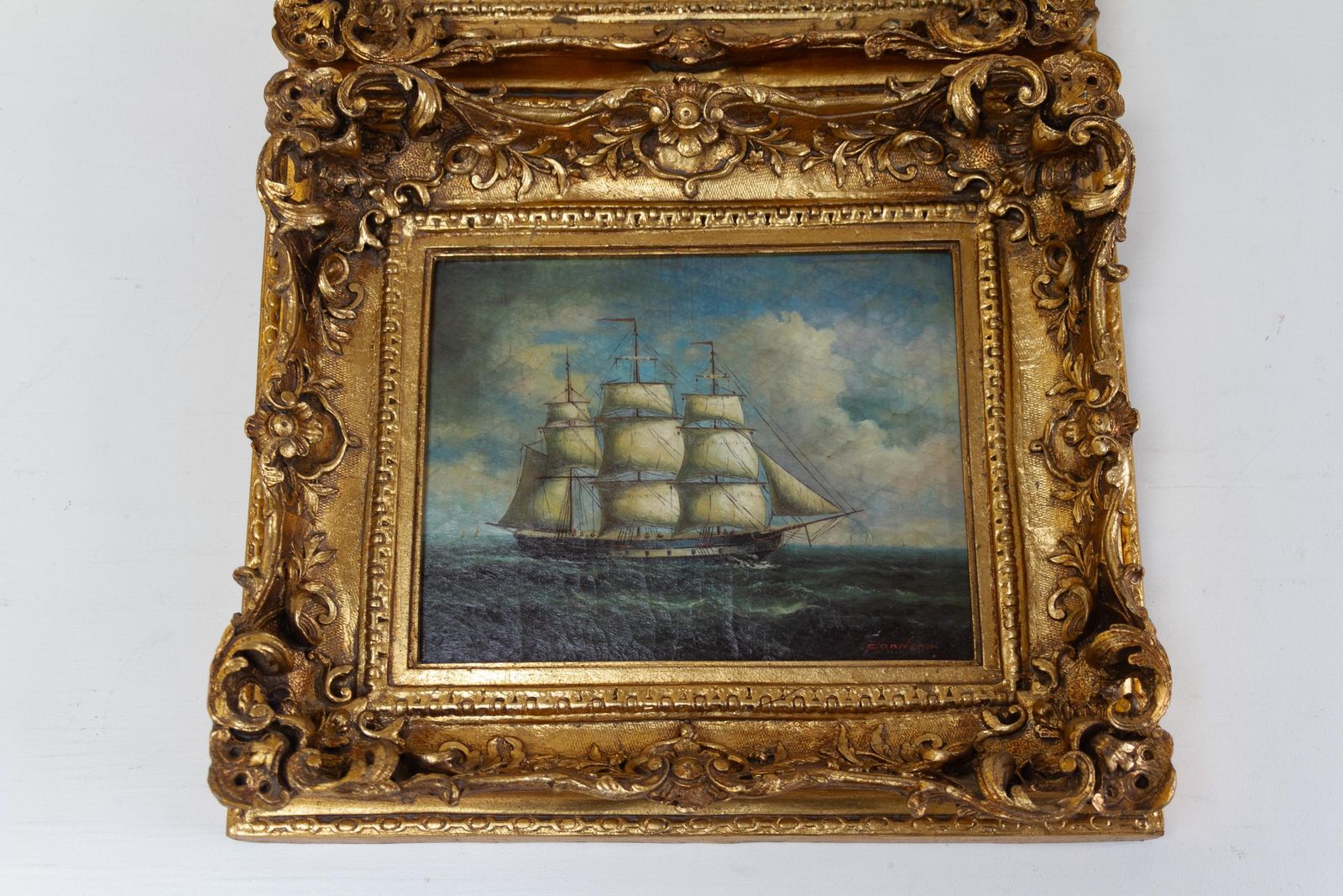 Marine Oil Paintings Of Sail Ships In Gilded Frame, 20th Century. Set Of 2. photo for sale