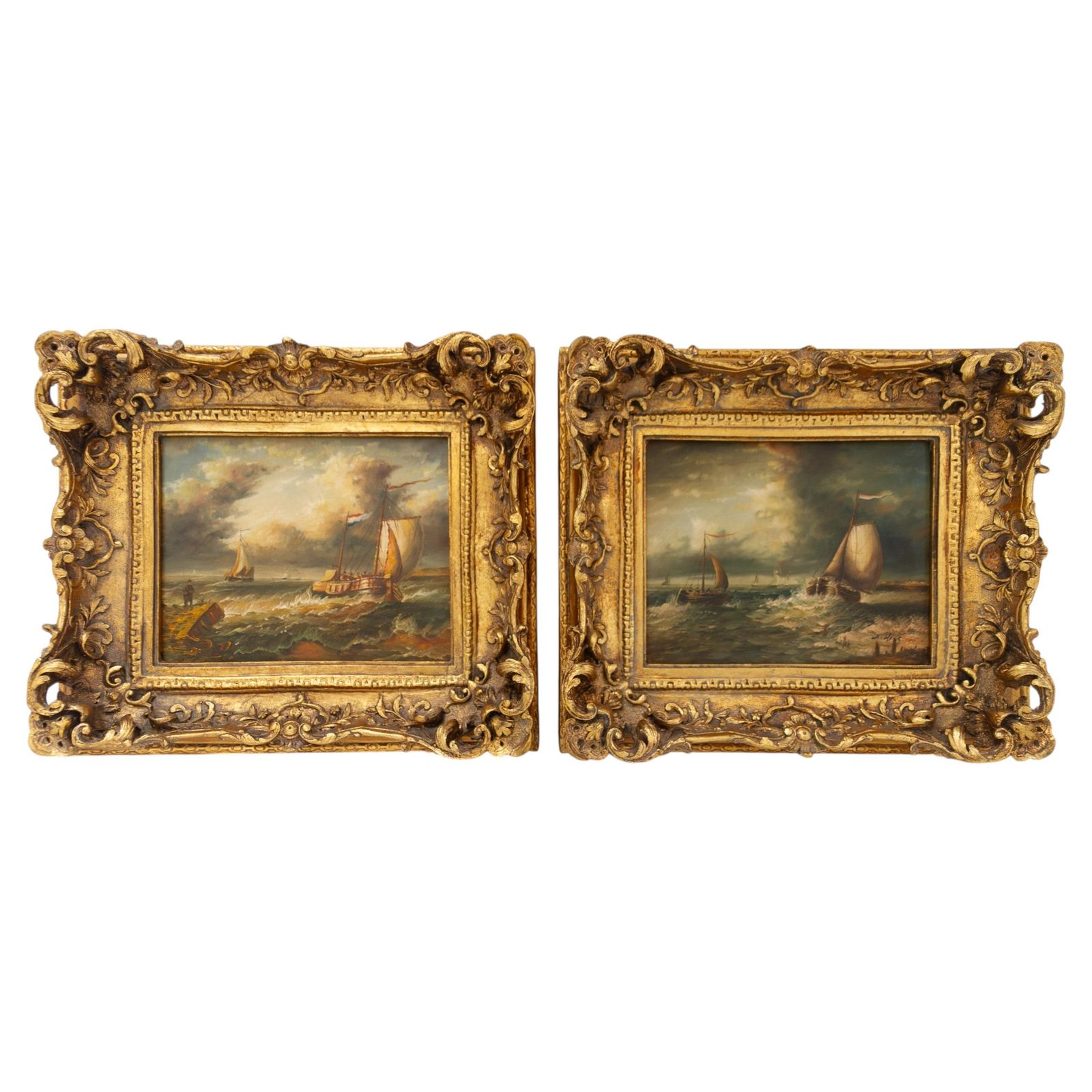 Marine Oil Paintings Of Sail Boats In Gilded Frame, 20th Century. Set Of 2.