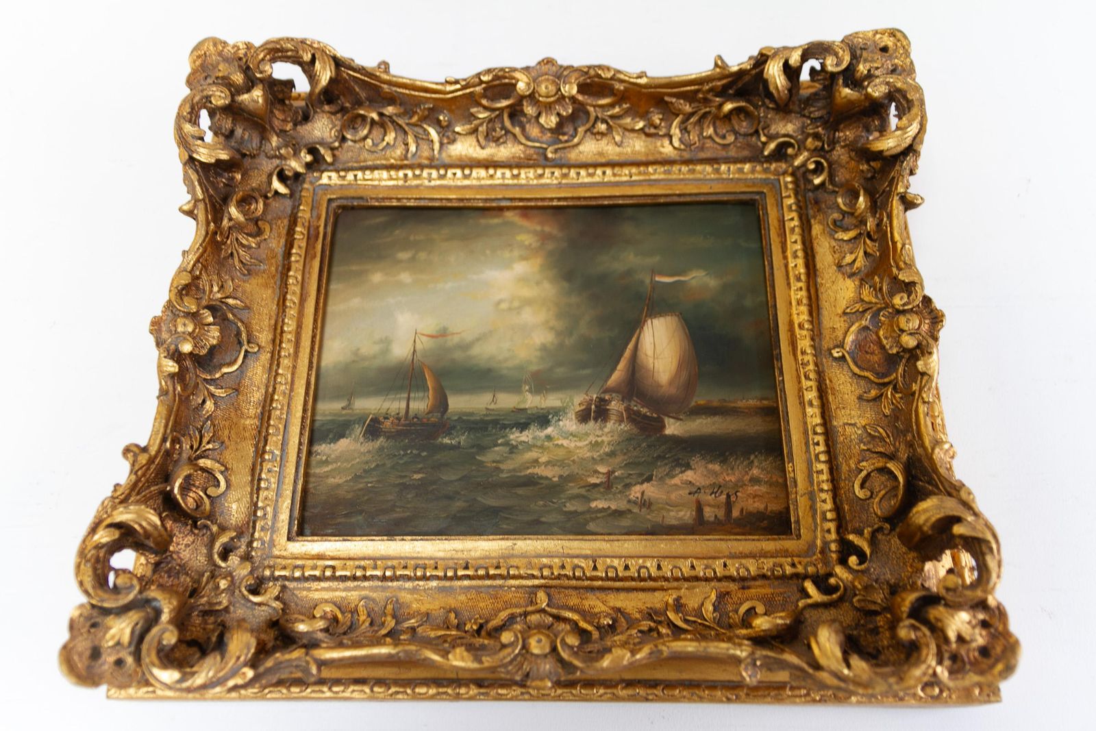 Marine Oil Paintings Of Sail Boats In Gilded Frame, 20th Century. Set Of 2. photo Art