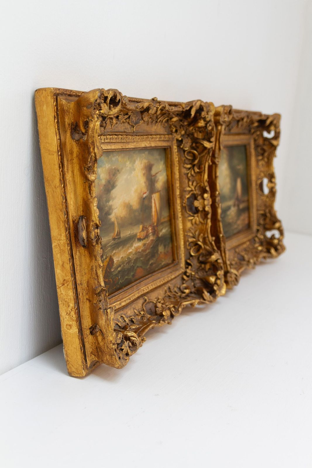 Art Marine Oil Paintings Of Sail Boats In Gilded Frame, 20th Century. Set Of 2. photo