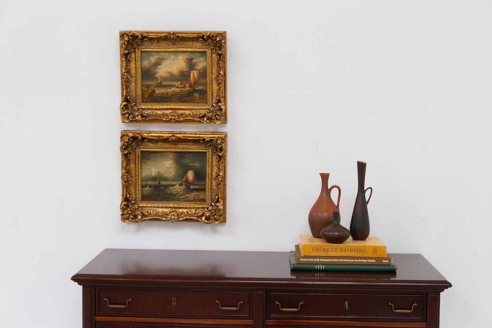 photo buy Marine Oil Paintings Of Sail Boats In Gilded Frame, 20th Century. Set Of 2.