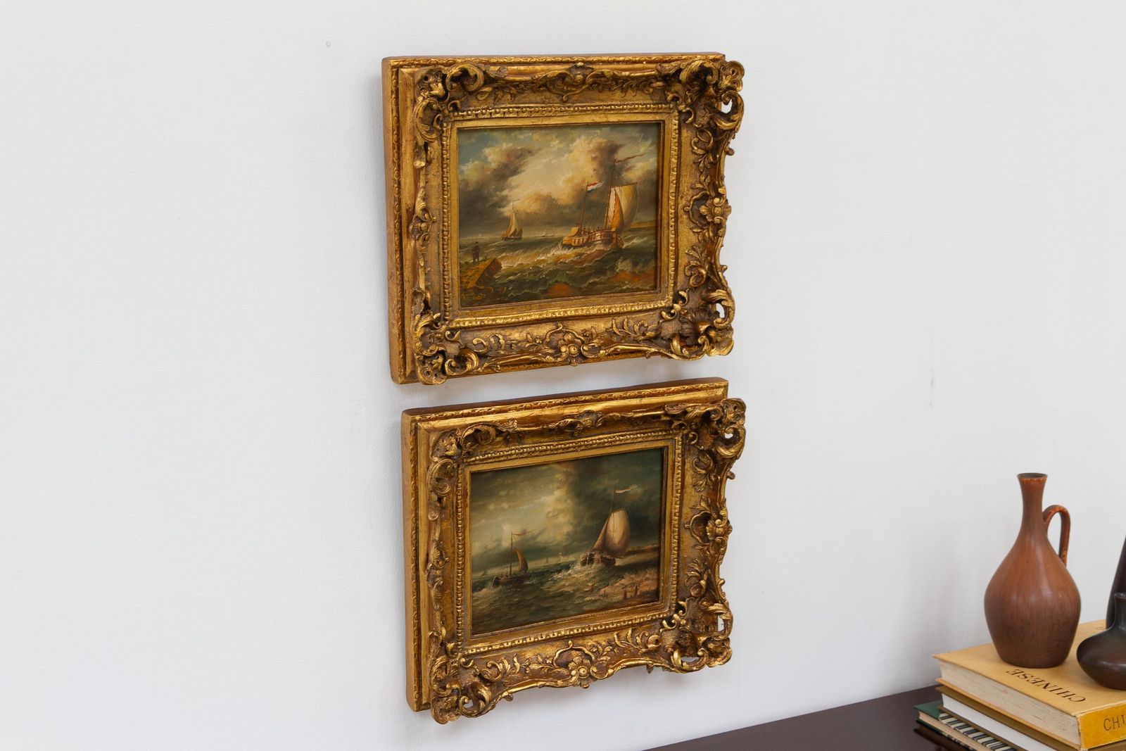 photo vintage Marine Oil Paintings Of Sail Boats In Gilded Frame, 20th Century. Set Of 2.