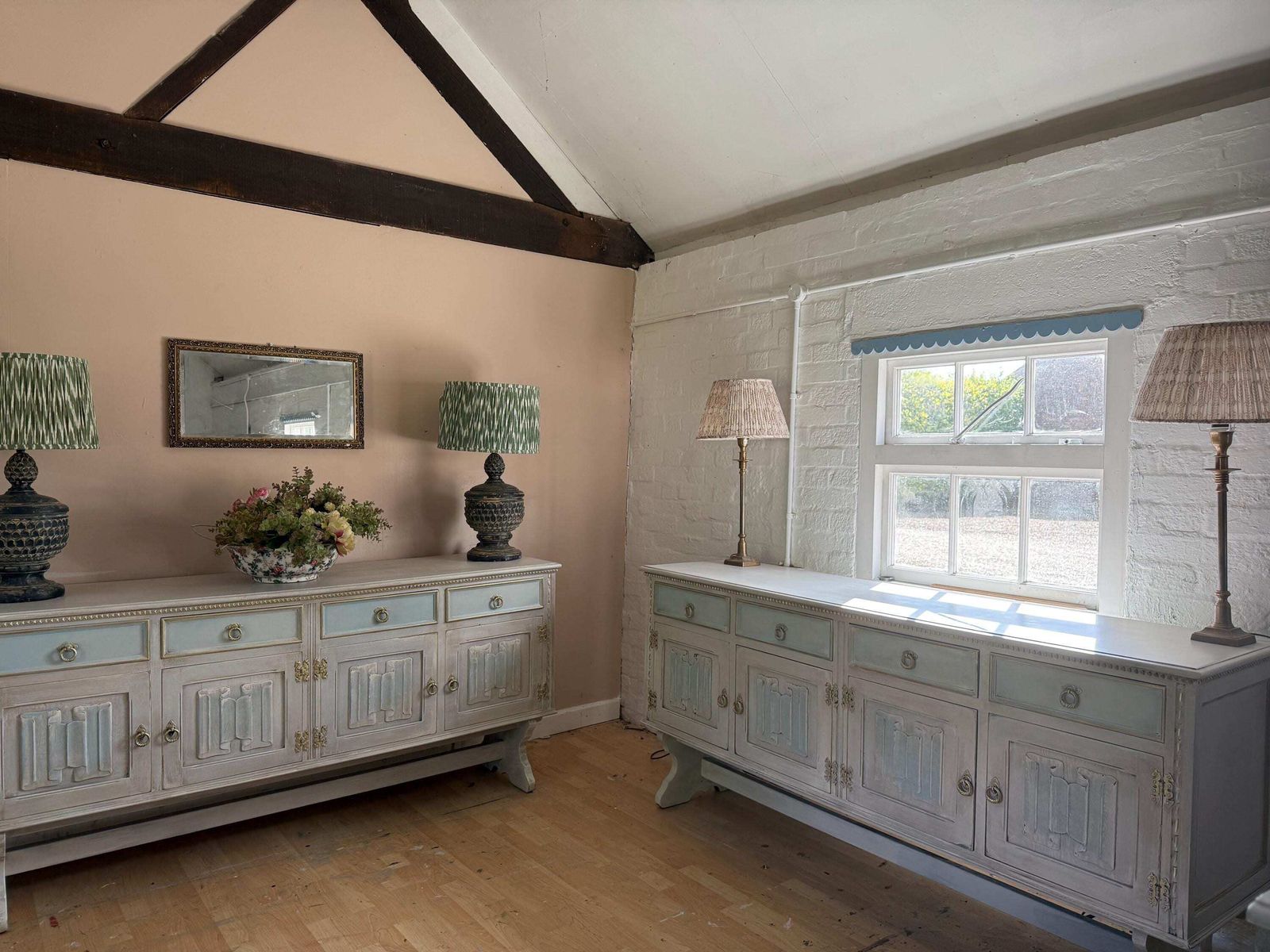 Pair Of Distressed Sideboards   Vintage Painted, Matching Sideboards photo furniture