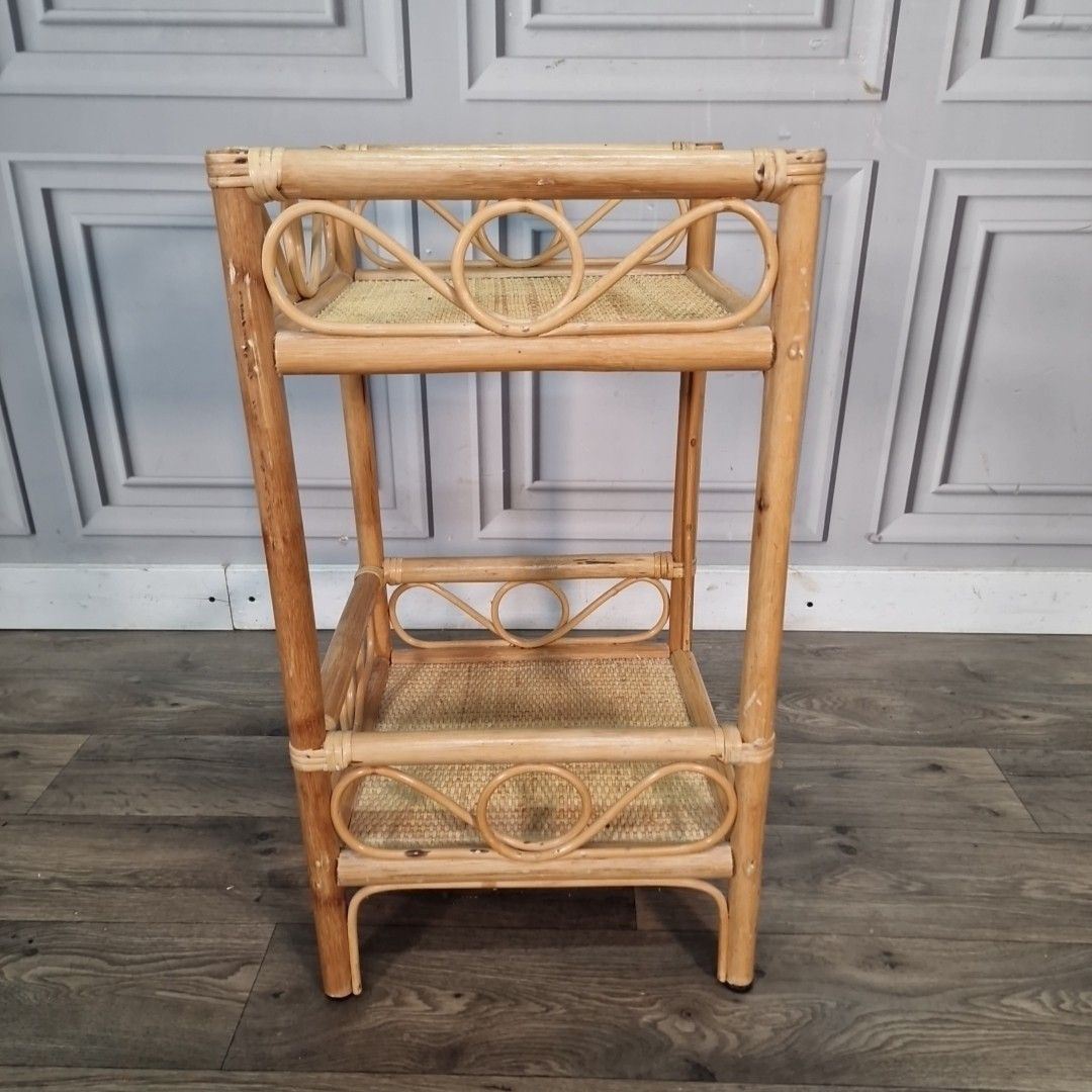 Furniture Vintage Rattan Bedside Table Two Tier Wicker Cane Whatnot Shelf Stand Retro photo