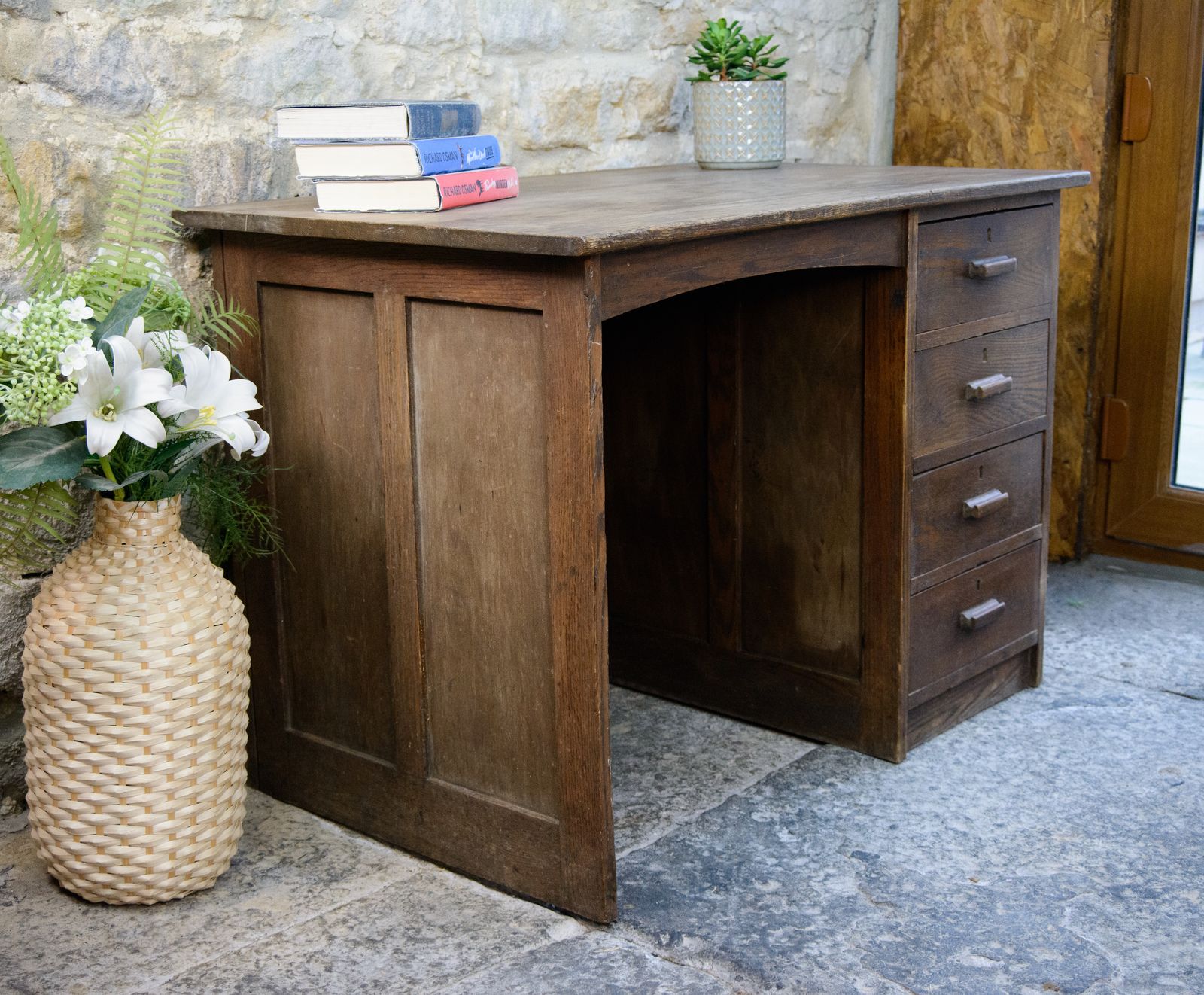 Antique Oak Kneehole Desk   Single Pedestal   1920s 1930s photo furniture