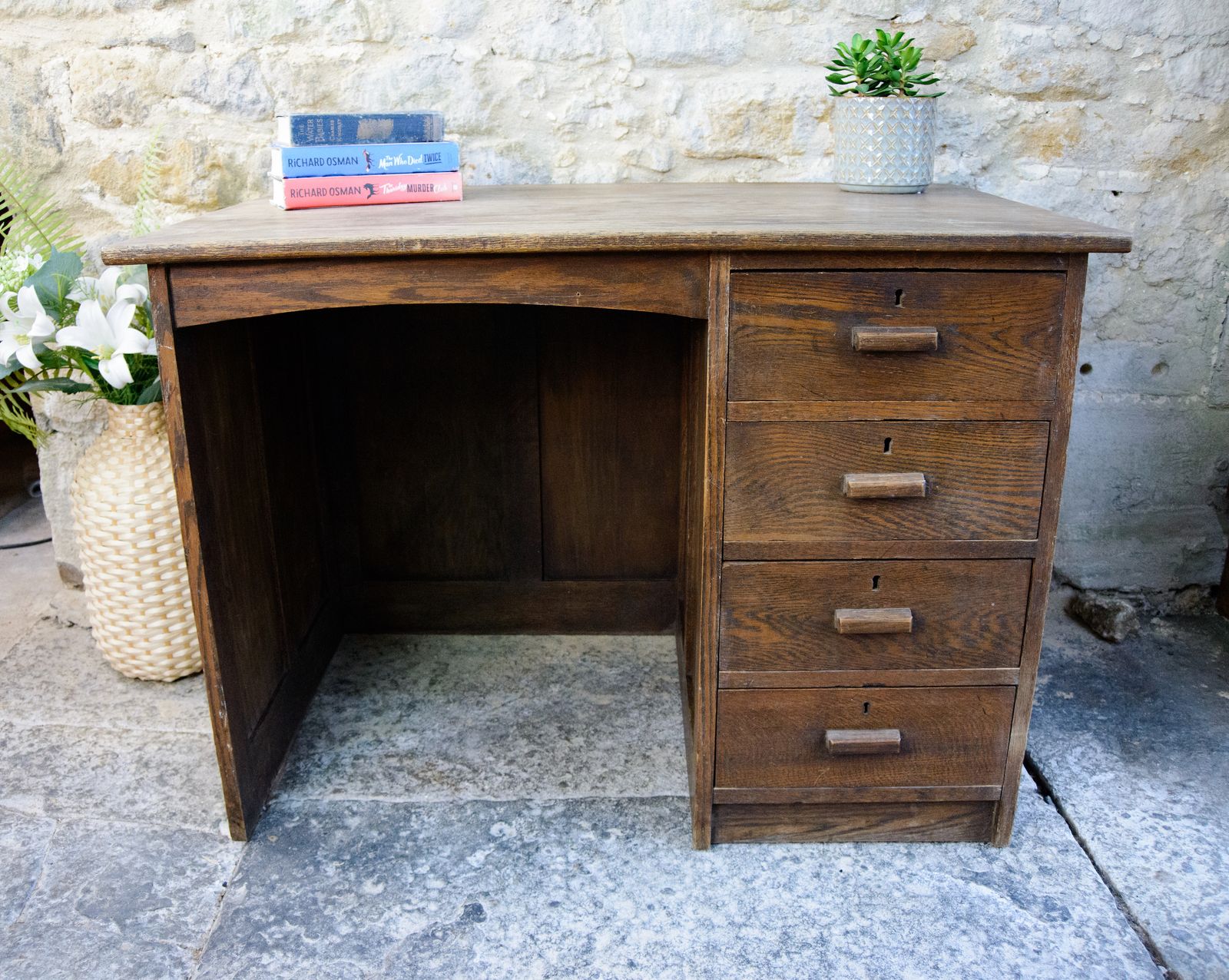Antique Oak Kneehole Desk   Single Pedestal   1920s 1930s photo Furniture