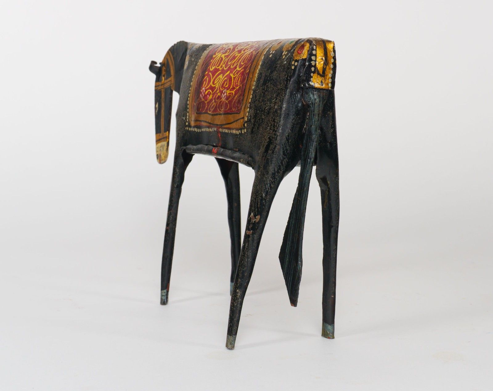 Vintage 1950s Or 1960s Indian Sculptural Folk Art Painted Black & Gold Tin Horse photo furniture