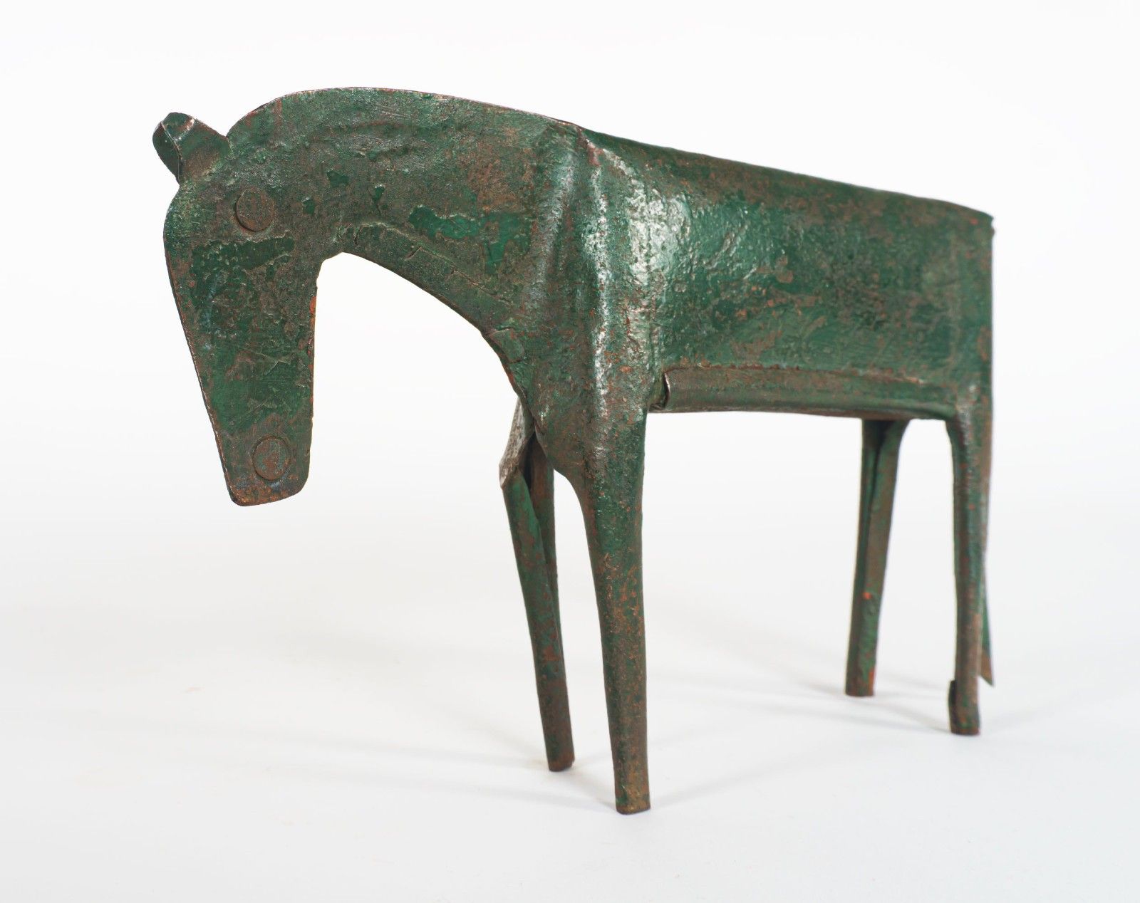 Vintage 1950s Or 1960s Indian Sculptural Folk Art Distressed Green Tin Horse photo furniture