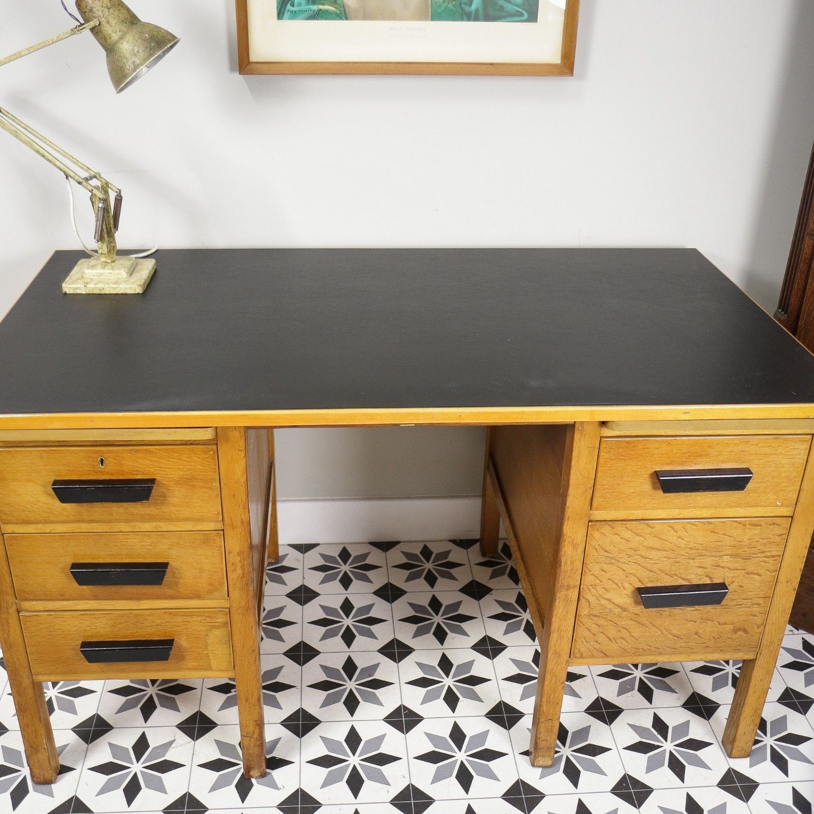 Oak And Oak Faced Mid Century Twin Pedestal Desk With Black Leatherette Top photo for sale