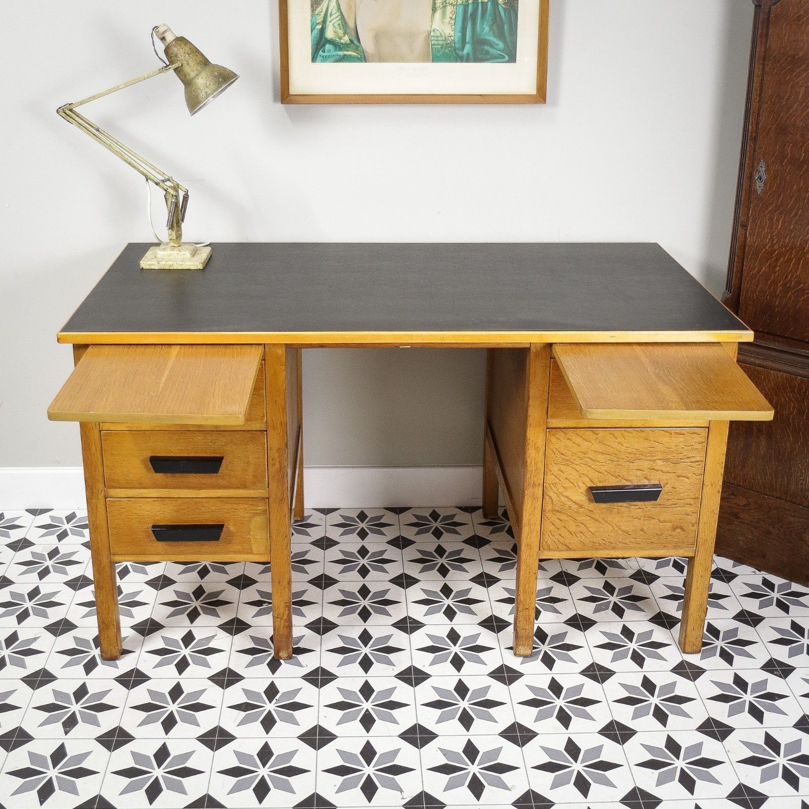 photo for sale Oak And Oak Faced Mid Century Twin Pedestal Desk With Black Leatherette Top