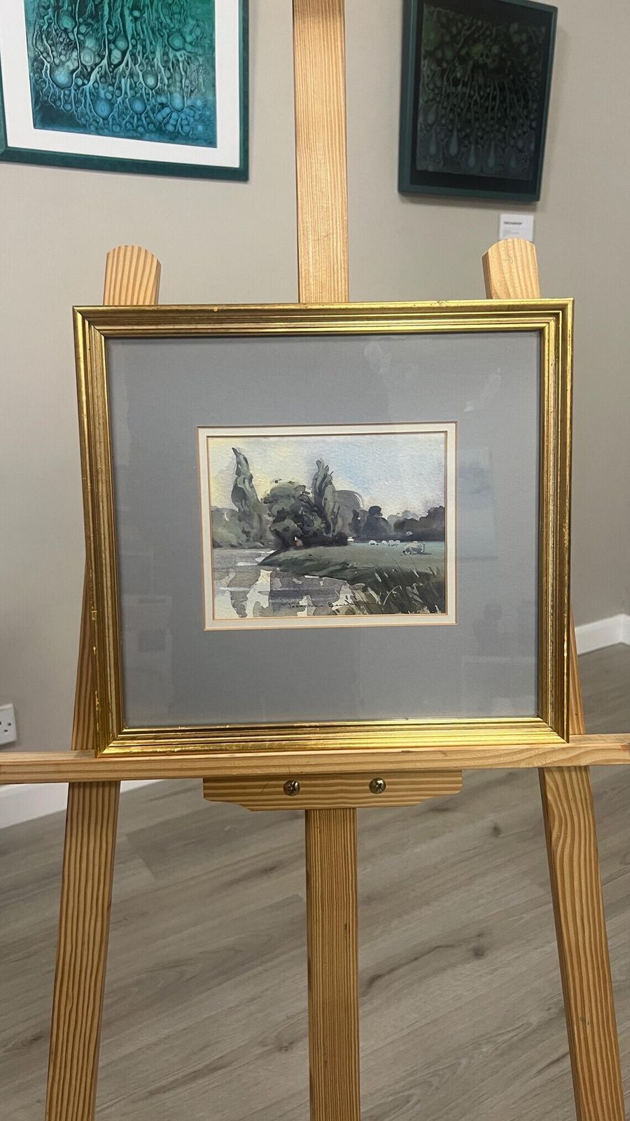 Signed Watercolour Landscape Picture Framed Pastoral River Scene With Sheep — Original Watercolour photo furniture