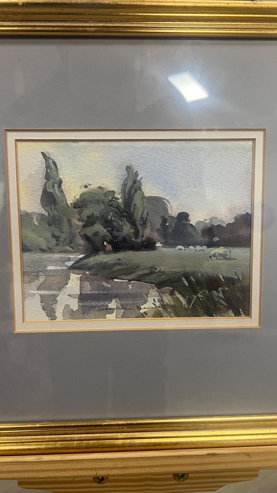 Signed Watercolour Landscape Picture Framed Pastoral River Scene With Sheep — Original Watercolour photo for sale