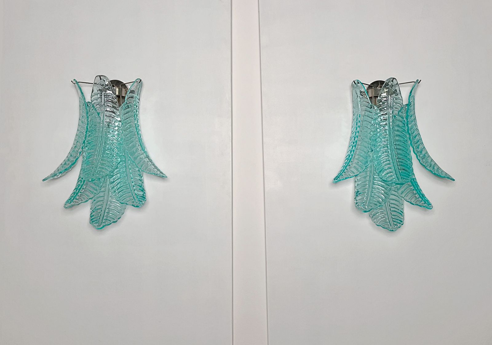 Pair Of Vintage Murano Turquoise Felci Glass Wall Sconces photo 450.0