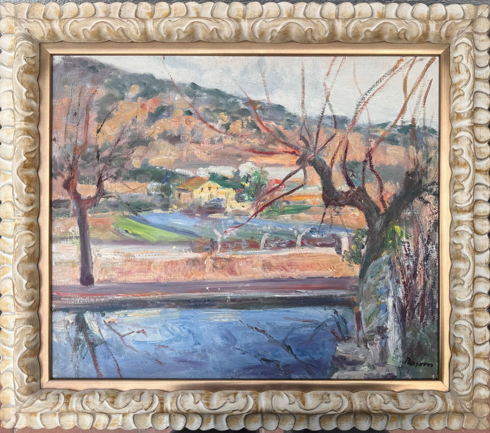 Simó Busom Grau Simó Busom, Catalan Mediterranean Landscape With River, Signed Mid Century Oil C.1960