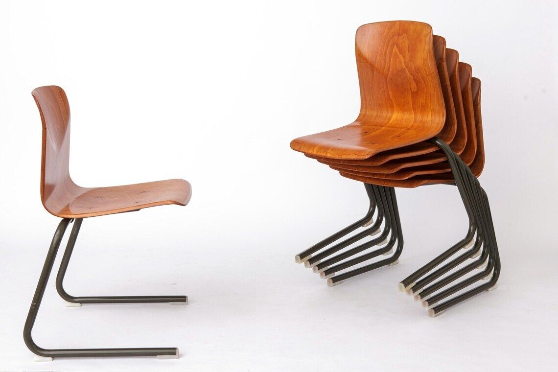 Set Of 6 Vintage Stackable Chairs 1970s Netherlands, Thur Op Seat, Mid Century Metal And Plywood Dining Chairs