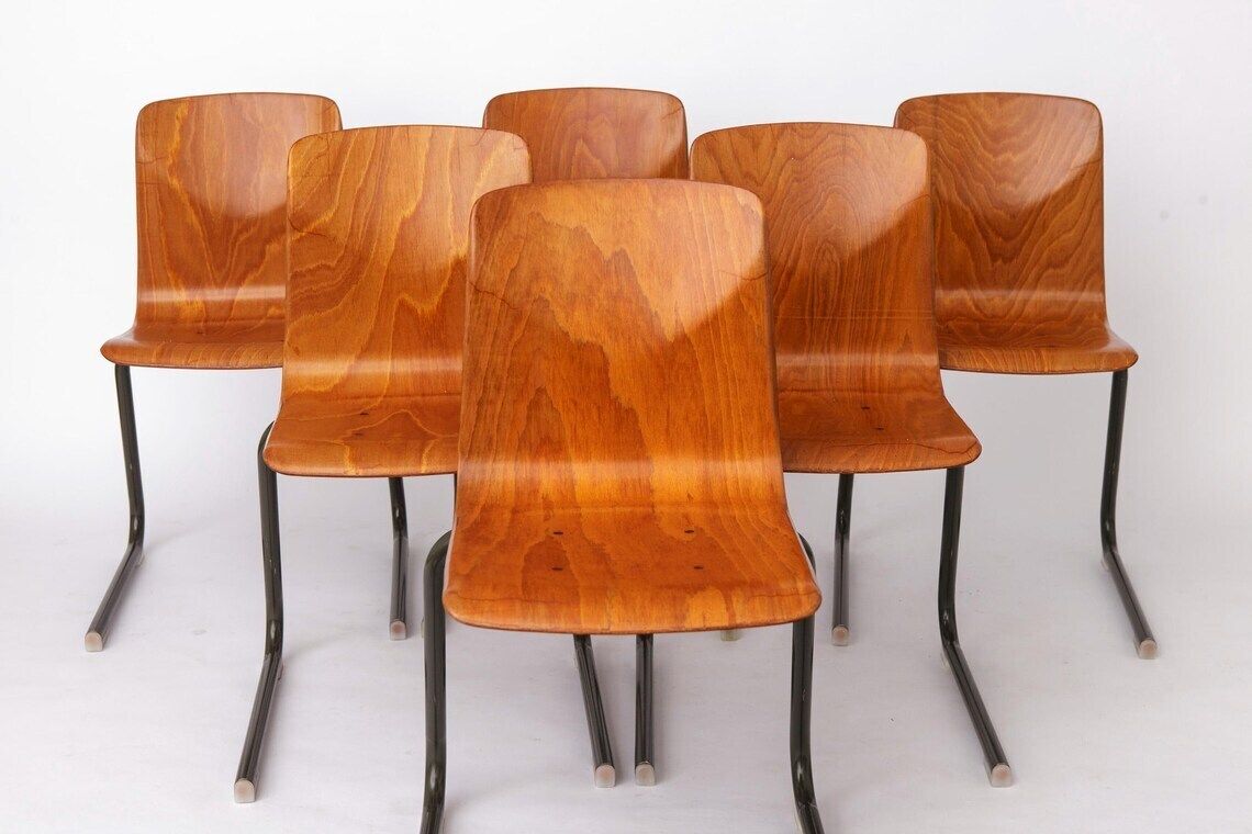 Set Of 6 Vintage Stackable Chairs 1970s Netherlands, Thur Op Seat, Mid Century Metal And Plywood Dining Chairs photo furniture
