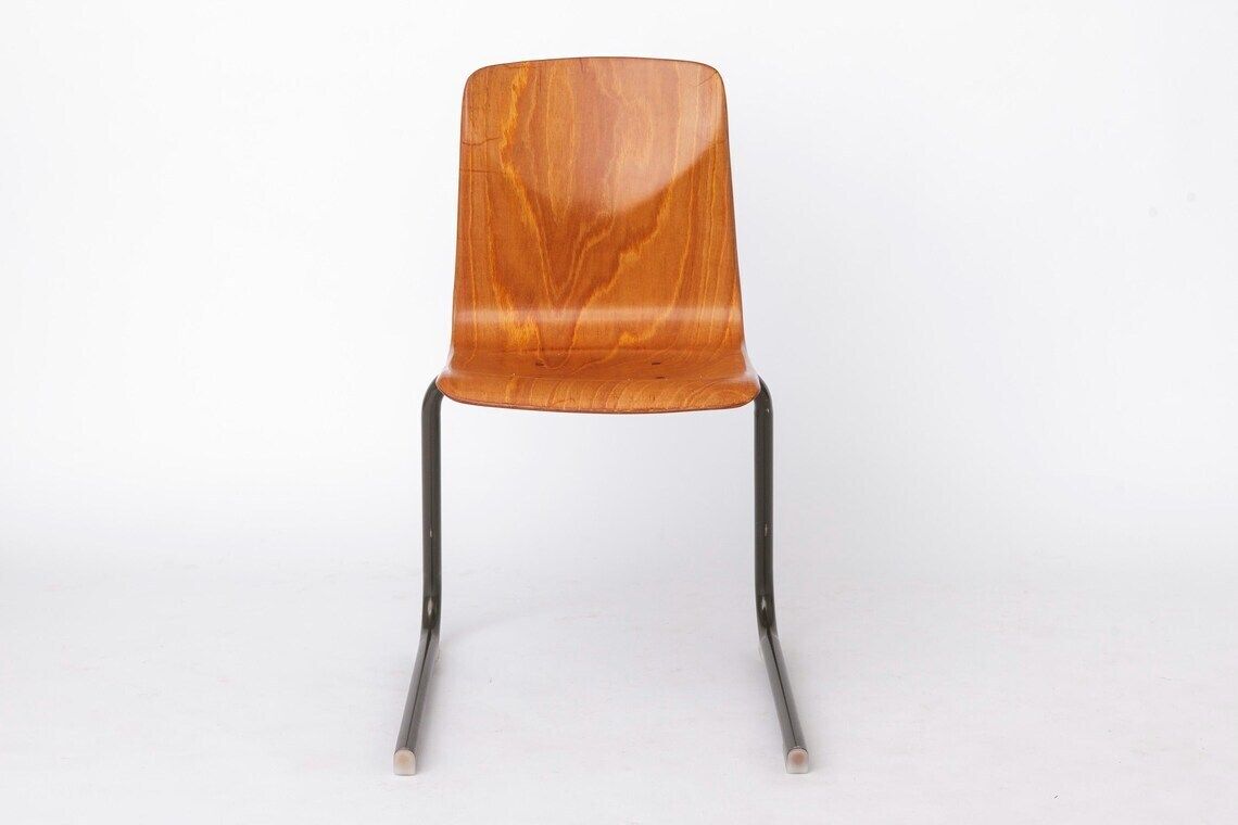 Set Of 6 Vintage Stackable Chairs 1970s Netherlands, Thur Op Seat, Mid Century Metal And Plywood Dining Chairs photo vintage