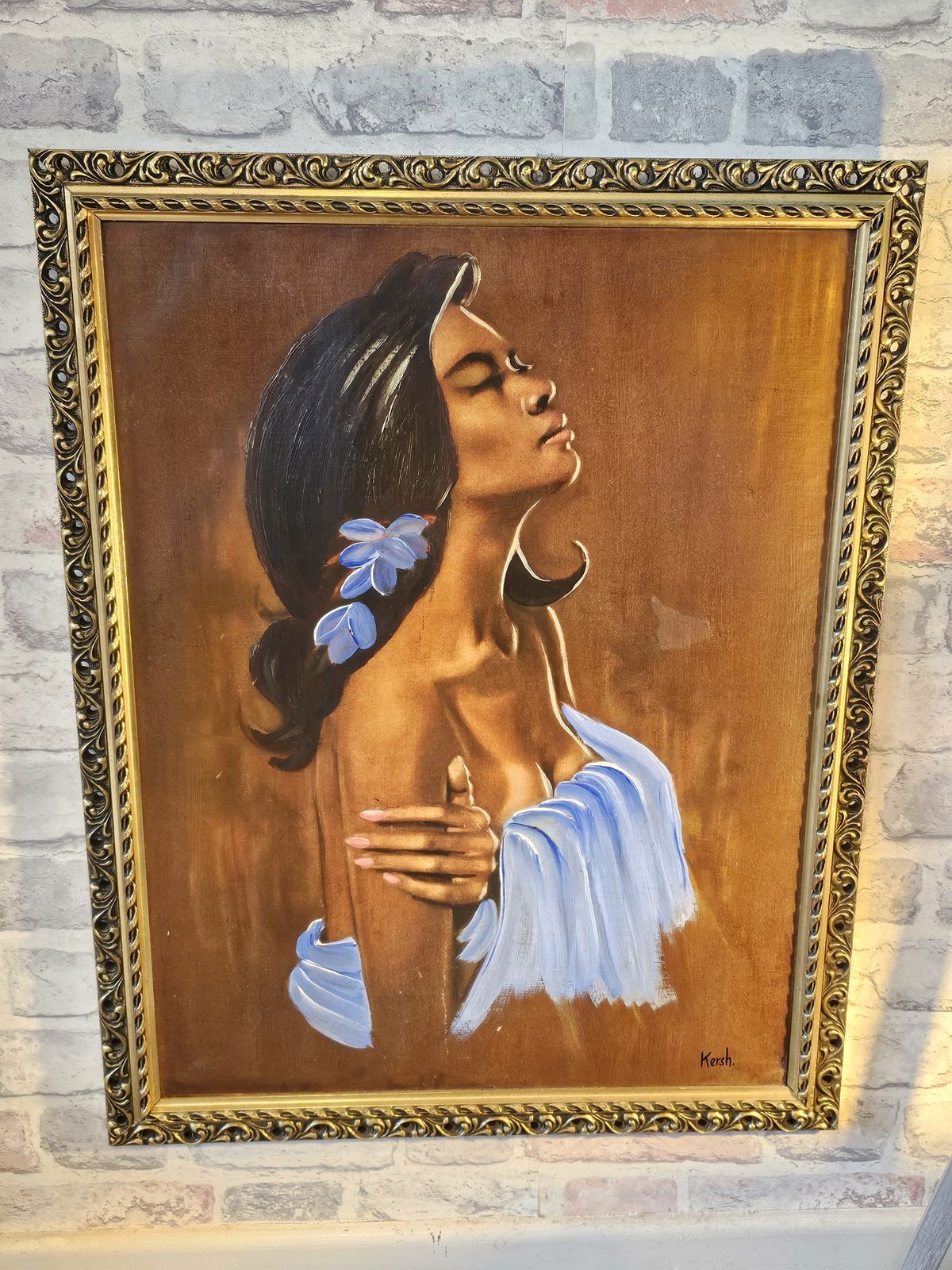 Framed  Hawaiian Girl Textured Print 1960s Framed photo Art