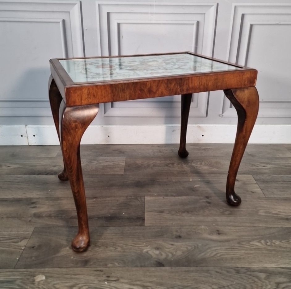 Vintage Walnut Side Table Glass Top Queen Anne Wood Coffee Floral Needlework photo furniture