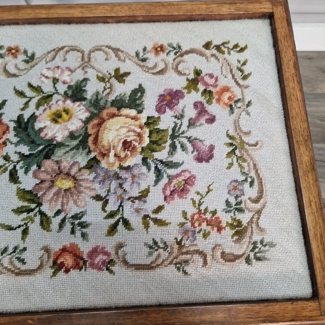 Vintage Walnut Side Table Glass Top Queen Anne Wood Coffee Floral Needlework photo vinterior