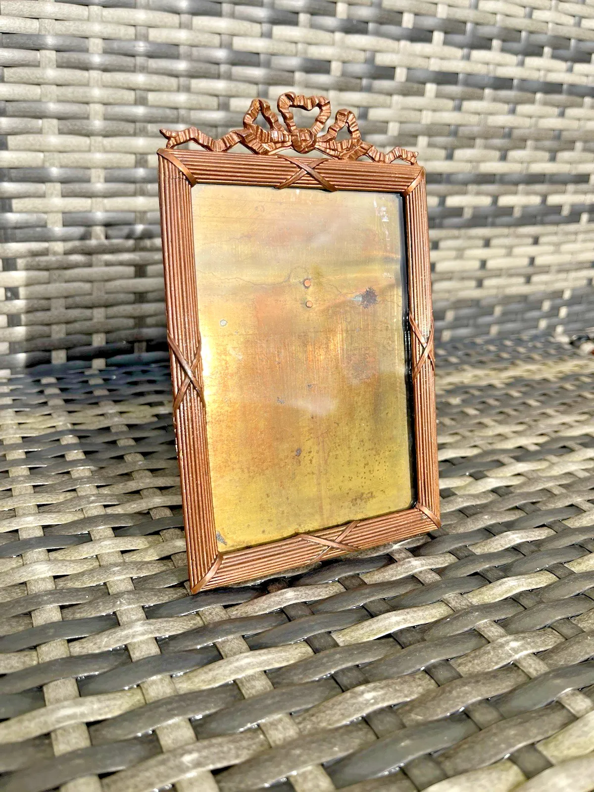 Antique French Regency Ribbon Reeded Copper Glass Easel Photo Picture Frame 19th