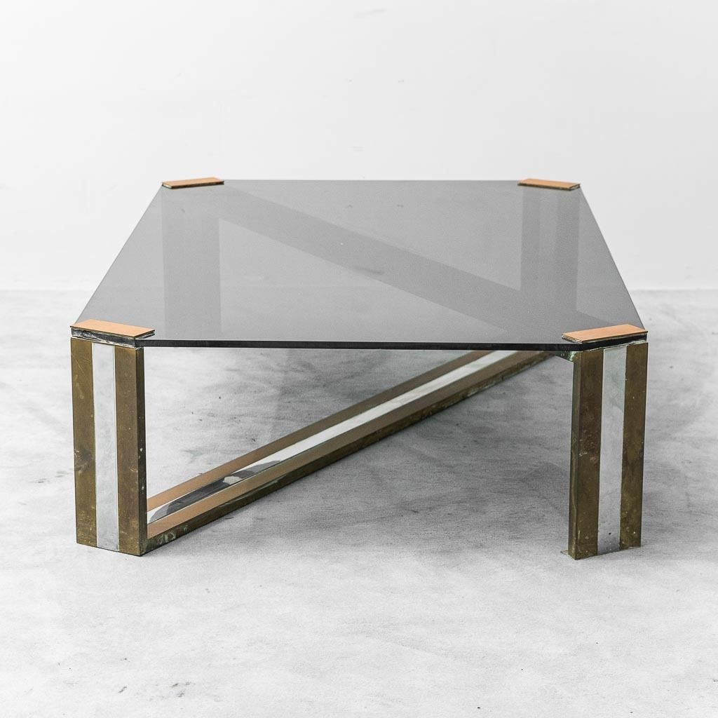 Vintage 1970s Modernist Smoked Glass And Brass Coffee Table photo Furniture