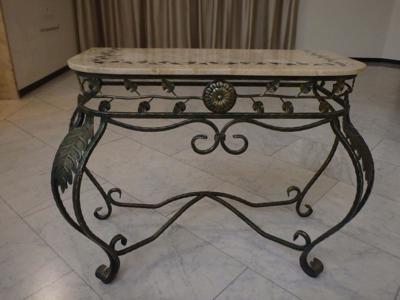 photo vinterior 1940s Art Deco Wrought Iron Green Gold Console, Marble Top With Ivy Inlay