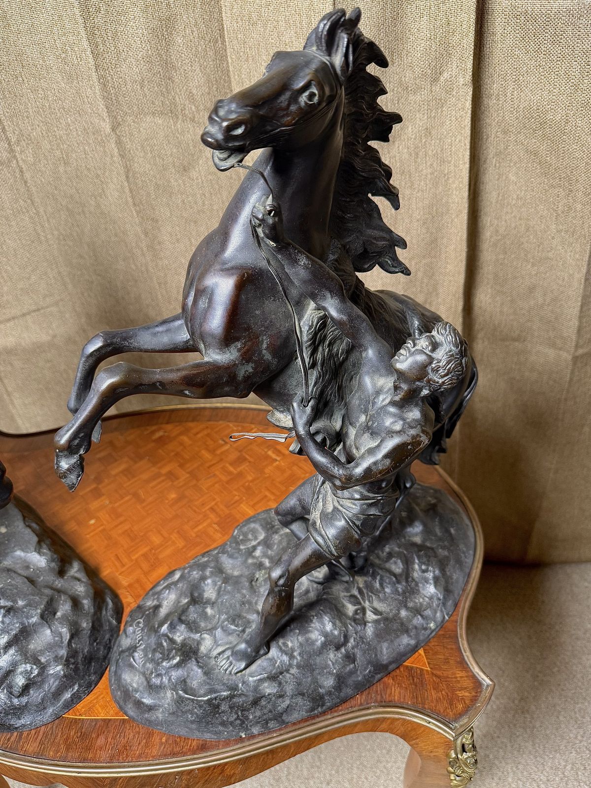 Large Pair Of Dark Patinated Bronze Marly Horse Tamers After Guillaume Coustou, 19th Century photo furniture