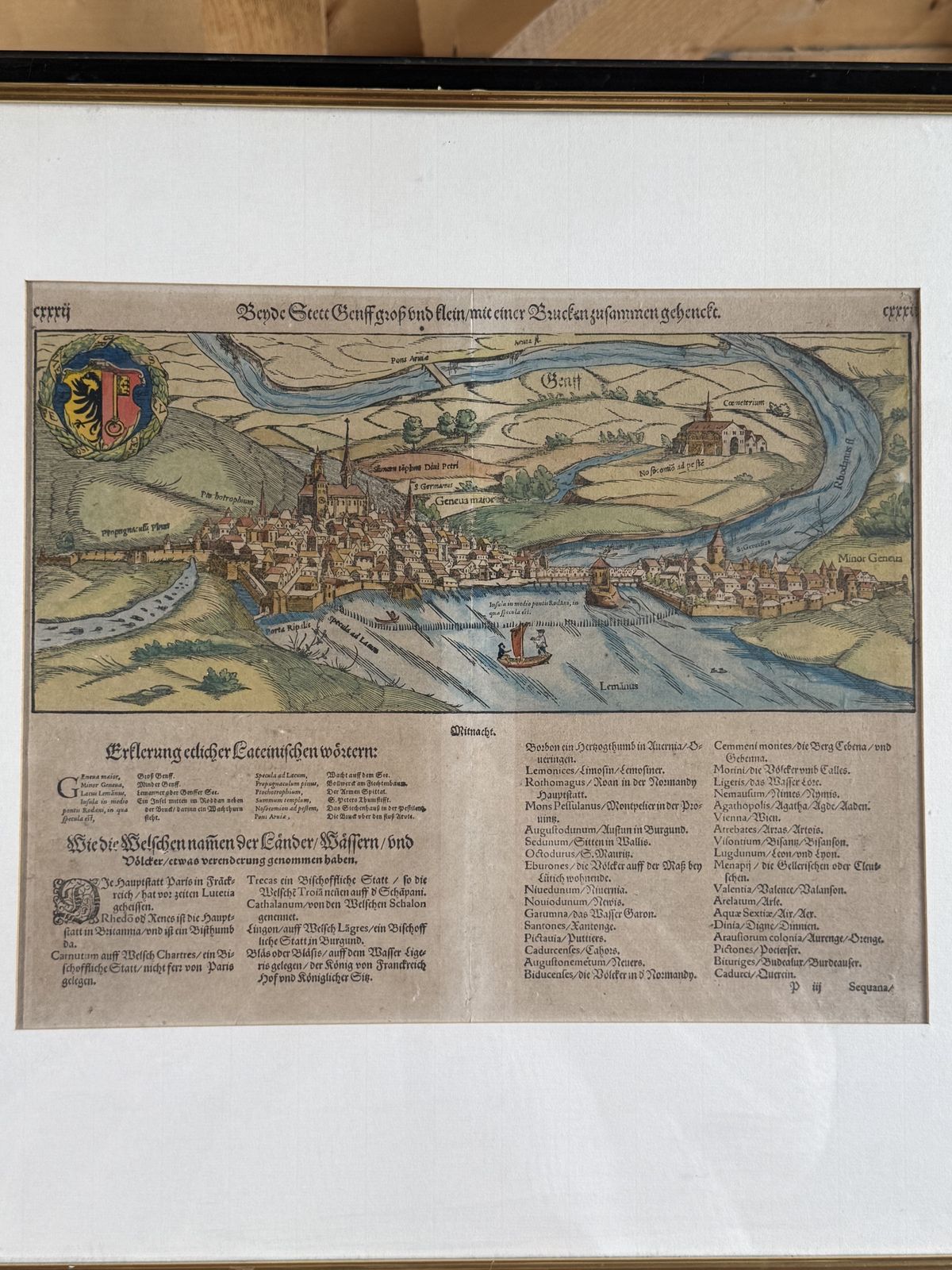 16th Century Hand Coloured Woodcut View Of Geneva — Sebastian Münster's Cosmographia photo furniture