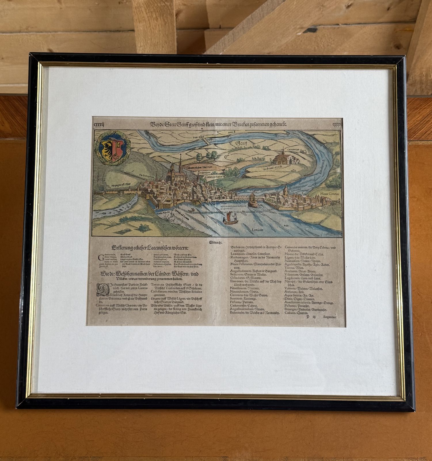 16th Century Hand Coloured Woodcut View Of Geneva — Sebastian Münster's Cosmographia