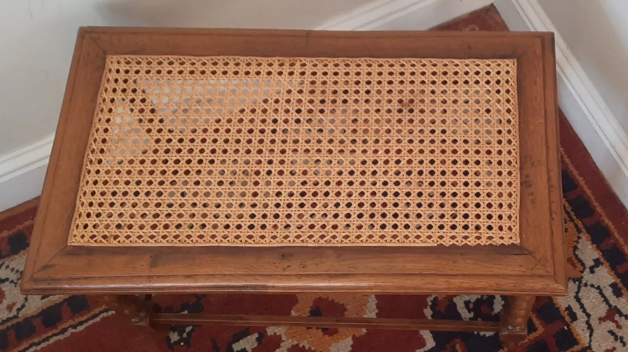 Vintage Oak Duet Bench Stool With Bobble Turned Legs Woven Cane Rattan Seat. photo Furniture