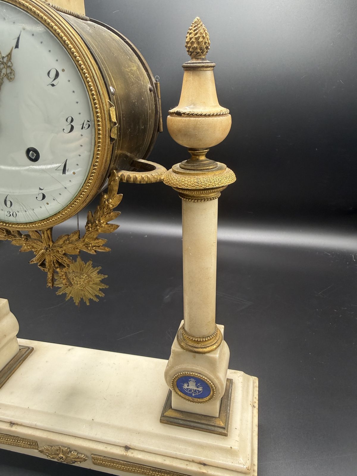 Late 18th Century French Louis XVI White Marble & Ormolu Portico Mantel Clock With Jasperware Medallions — Running & Chiming photo for sale