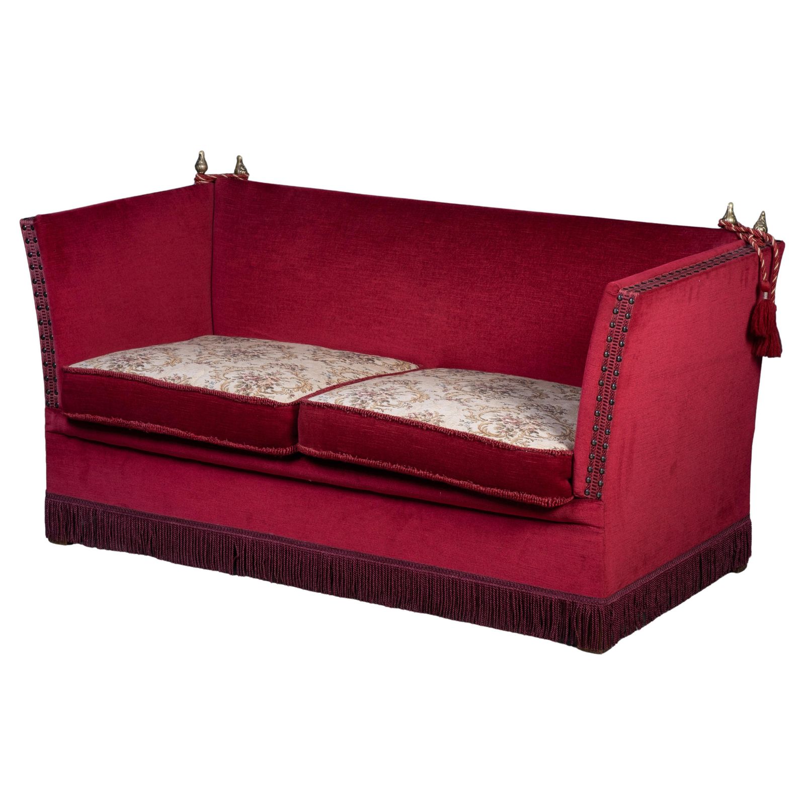 Vintage Red Velvet Knole Sofa With Floral Cushions, 1950s