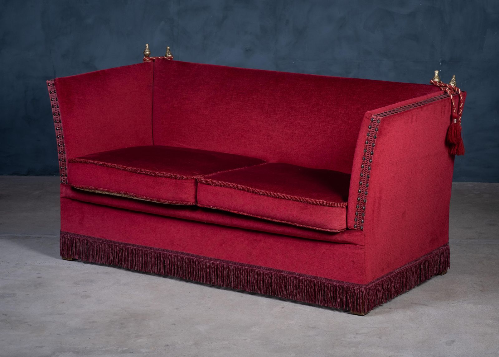 Vintage Red Velvet Knole Sofa With Floral Cushions, 1950s photo for sale