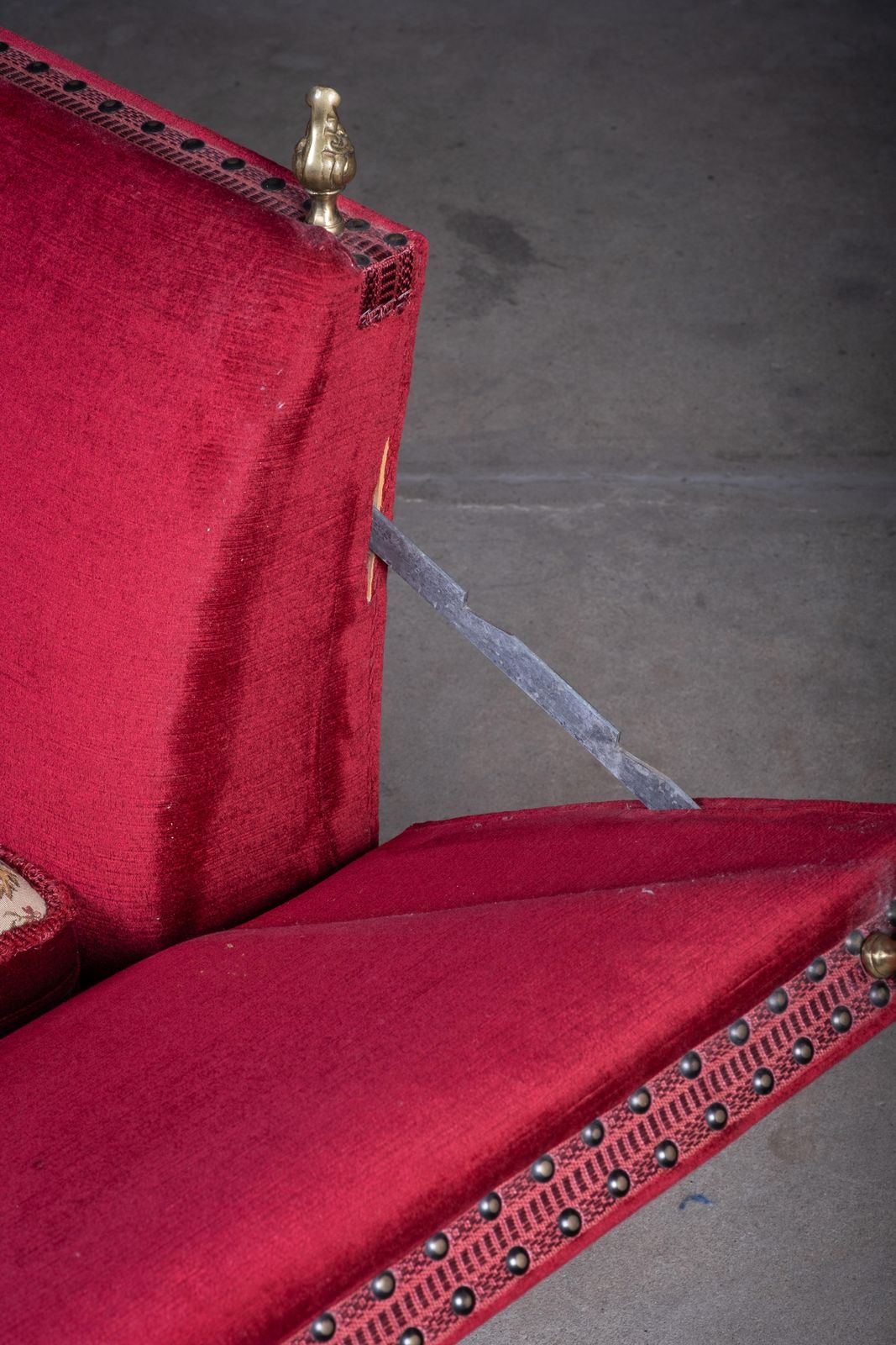 photo for sale Vintage Red Velvet Knole Sofa With Floral Cushions, 1950s