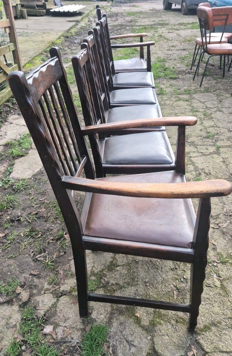 Furniture Set Of 6 Antique Oak Dining Chairs Including 2 Carvers photo
