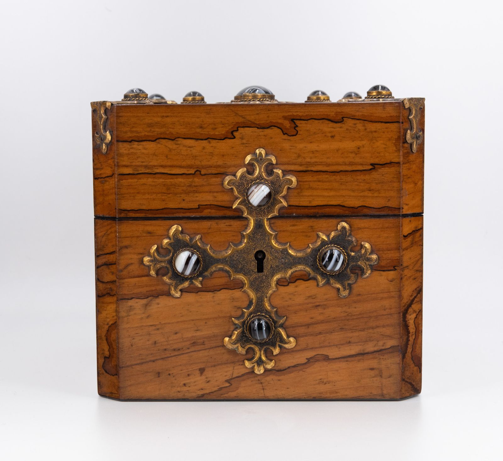 Gothic Revival Olive Wood With Banded Agate Cabochons Jewellery Casket Box Circa 1880 photo for sale