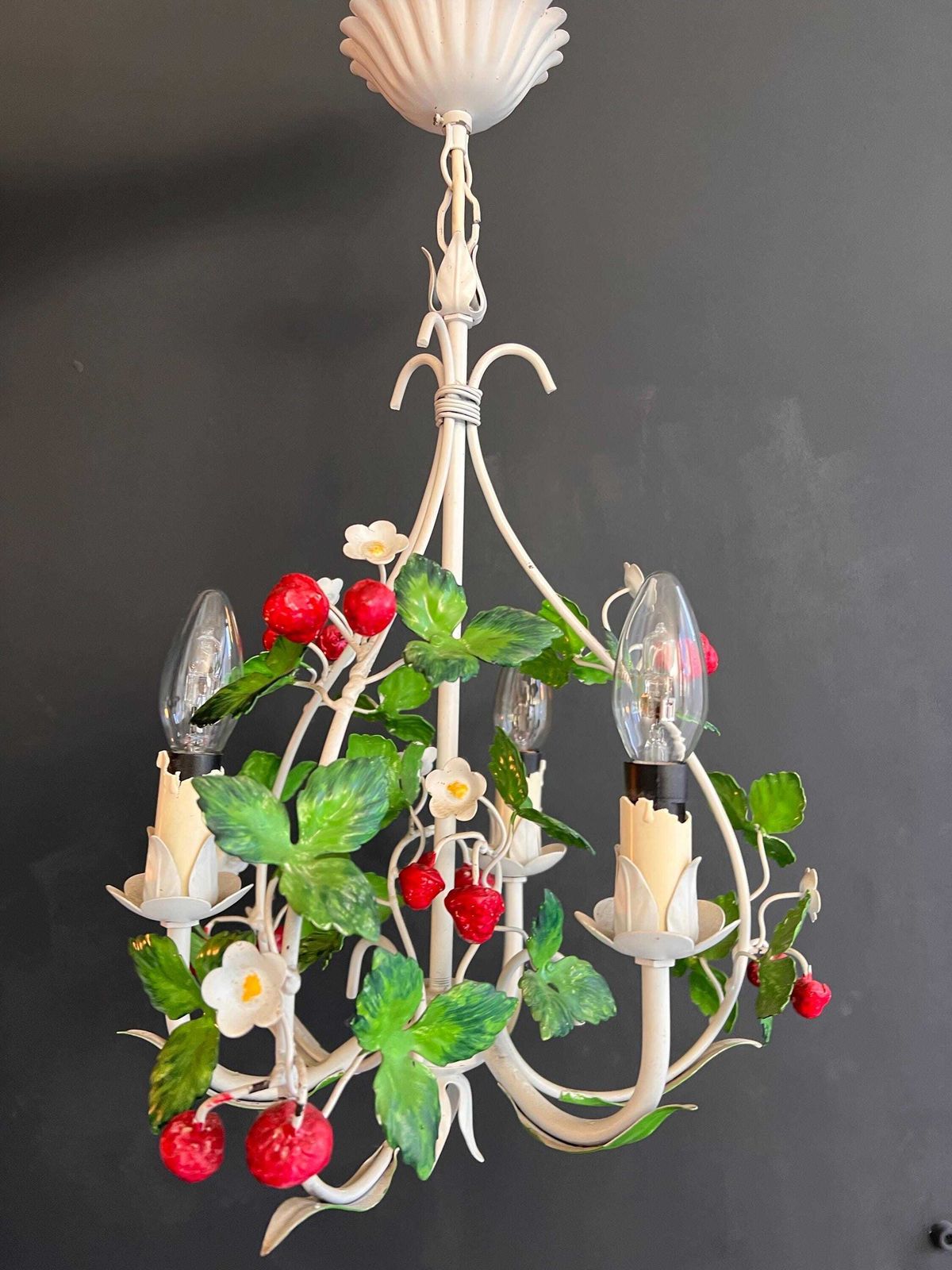 Vintage Italian Toleware Strawberry Chandelier   1950s Florentine Floral Light photo vintage