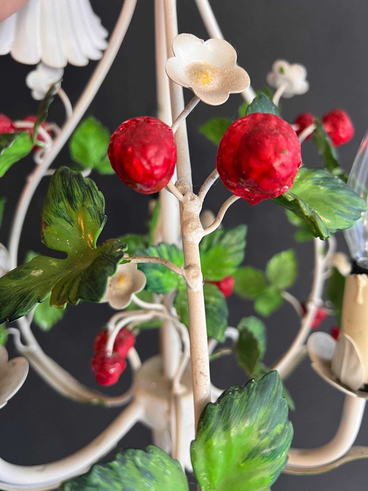 photo vinterior Vintage Italian Toleware Strawberry Chandelier   1950s Florentine Floral Light