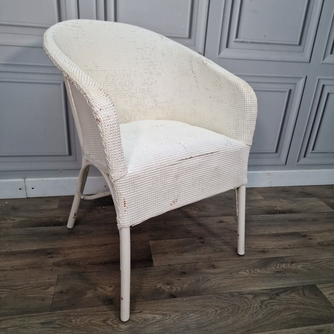 Vintage Tub Chair Lloyd Loom Style – White Painted – Retro Boho For Upcycle
