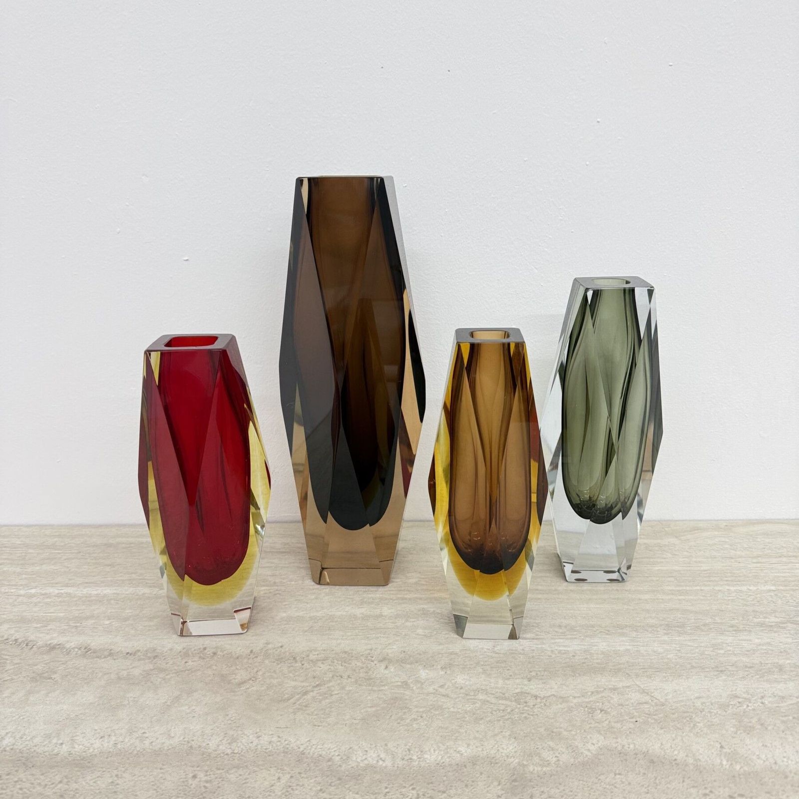 Set Of 4 Murano Sommerso Glass Faceted Vases By Flavio Poli  1970s