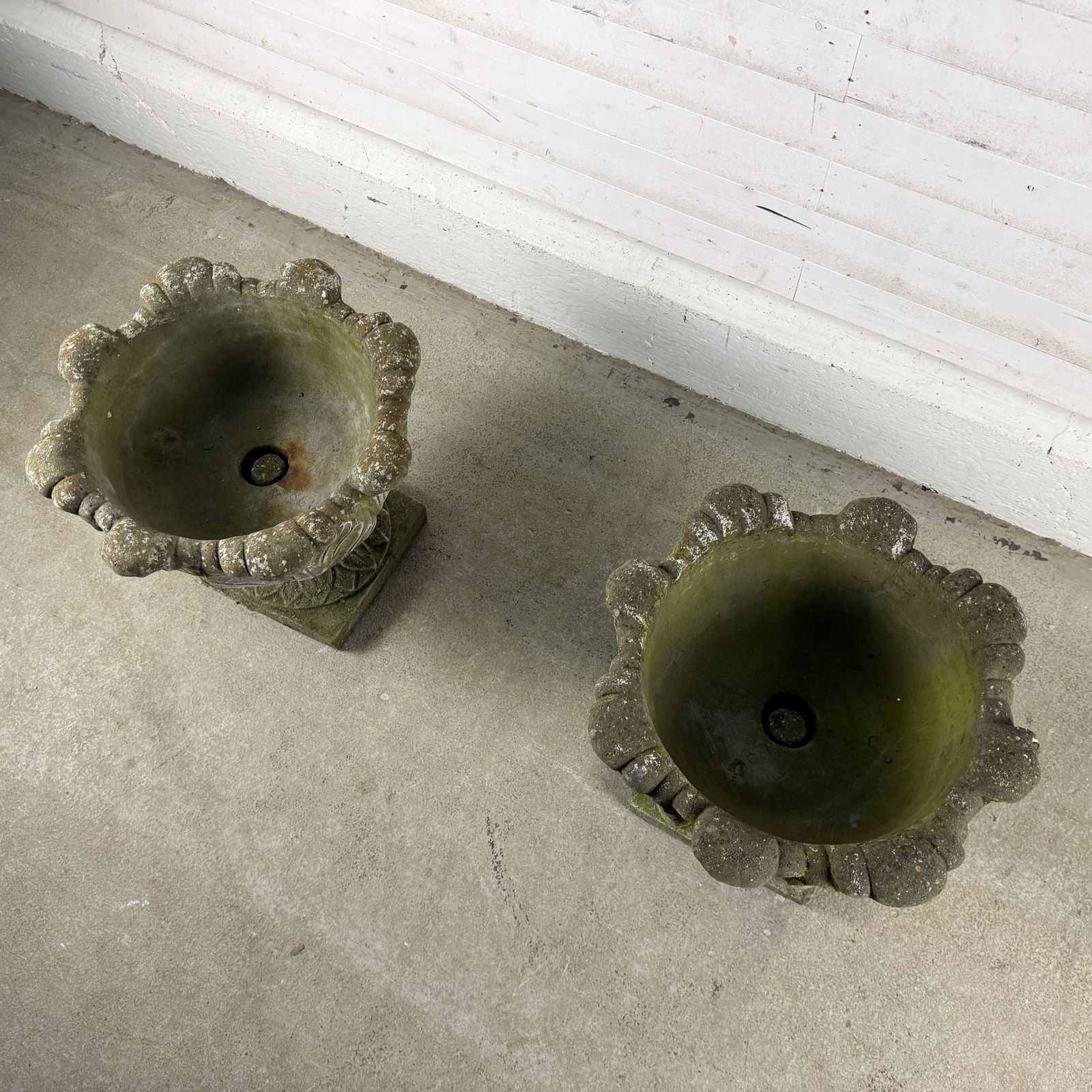 Pair Of Weathered Composition Garden Urns photo Garden Decor