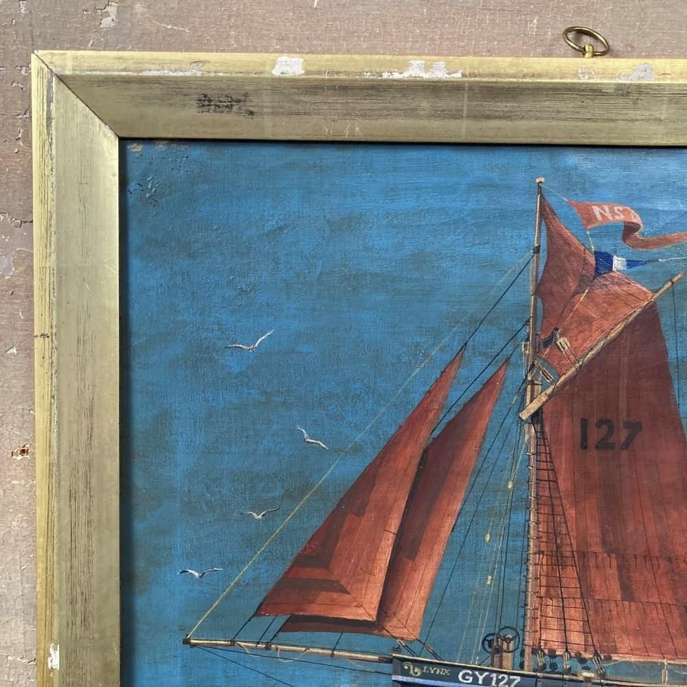 Antique Marine Painting   Grimsby Fishing Ketch photo vinterior