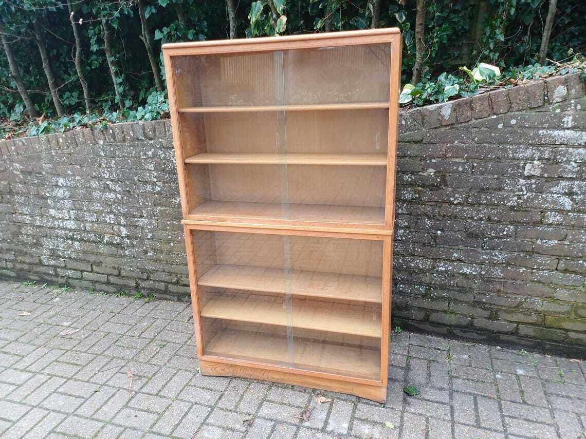 Vintage 1960s Mid Century Oak Display Cabinet Two Piece Bookcase Sliding Glass Doors Adjustable Shelves Retro
