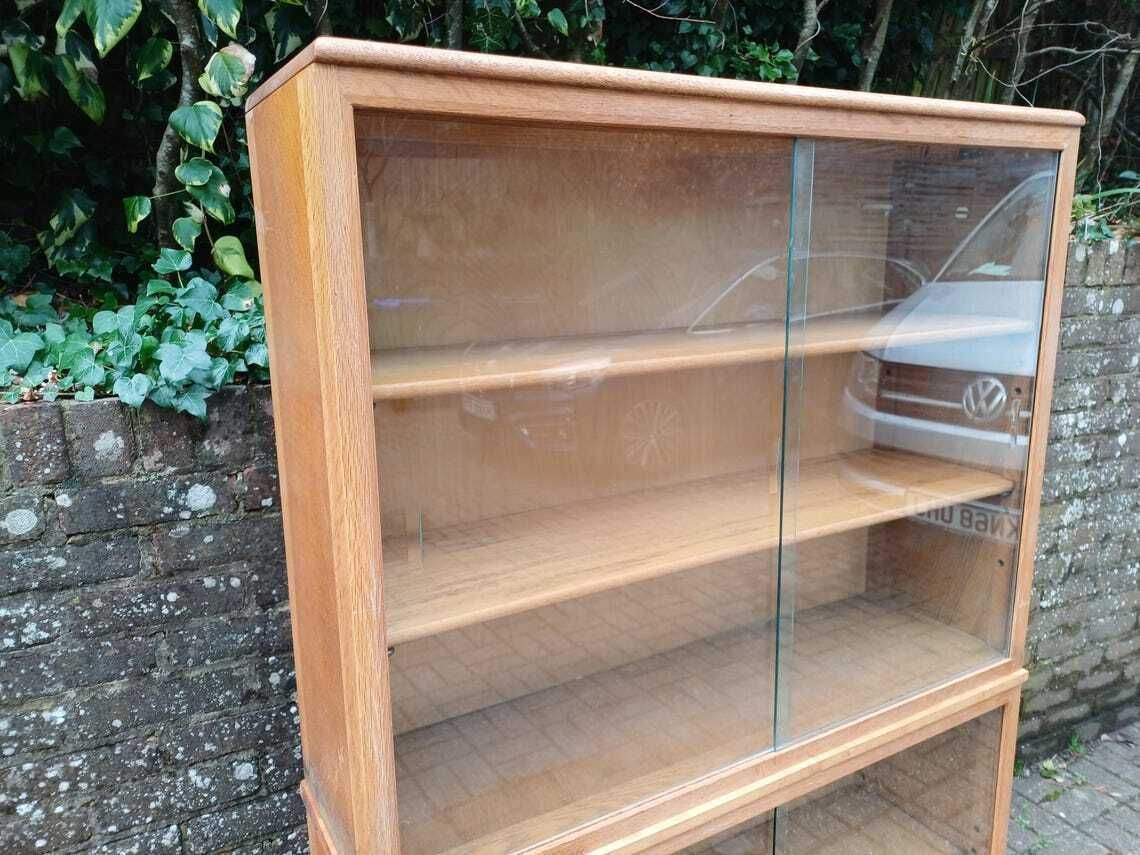 Vintage 1960s Mid Century Oak Display Cabinet Two Piece Bookcase Sliding Glass Doors Adjustable Shelves Retro photo furniture
