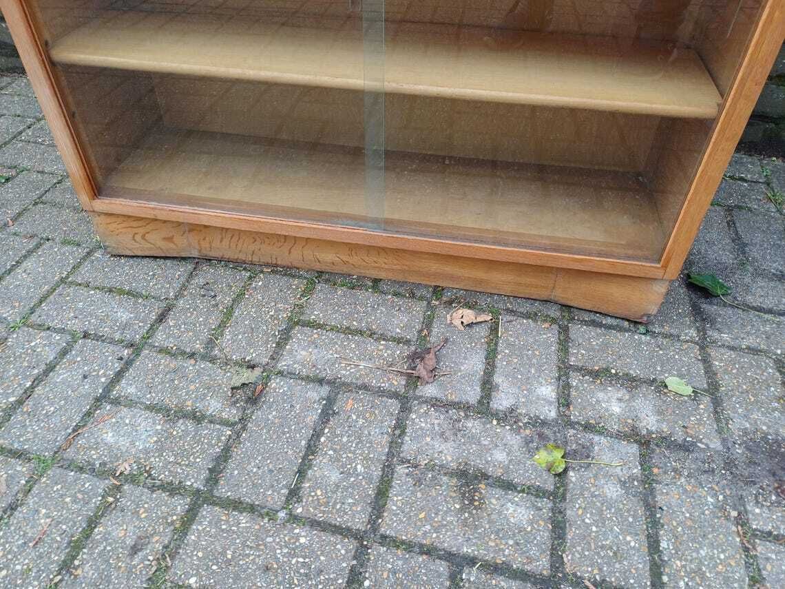 photo for sale Vintage 1960s Mid Century Oak Display Cabinet Two Piece Bookcase Sliding Glass Doors Adjustable Shelves Retro