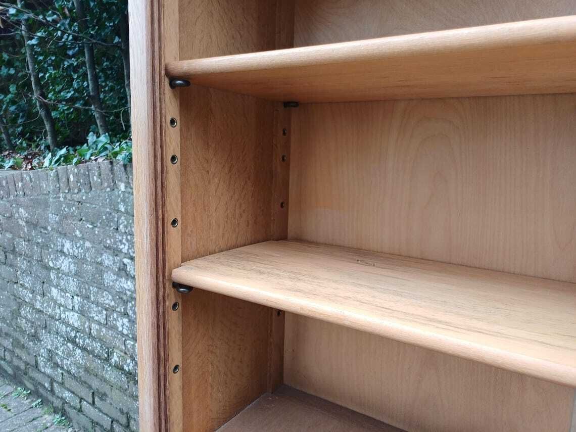 595.0 Vintage 1960s Mid Century Oak Display Cabinet Two Piece Bookcase Sliding Glass Doors Adjustable Shelves Retro photo