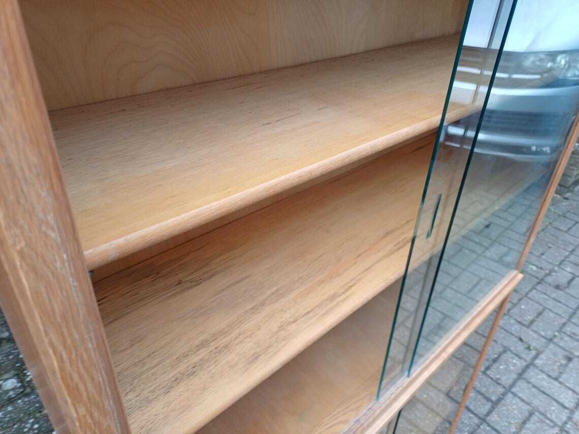 photo vinterior Vintage 1960s Mid Century Oak Display Cabinet Two Piece Bookcase Sliding Glass Doors Adjustable Shelves Retro