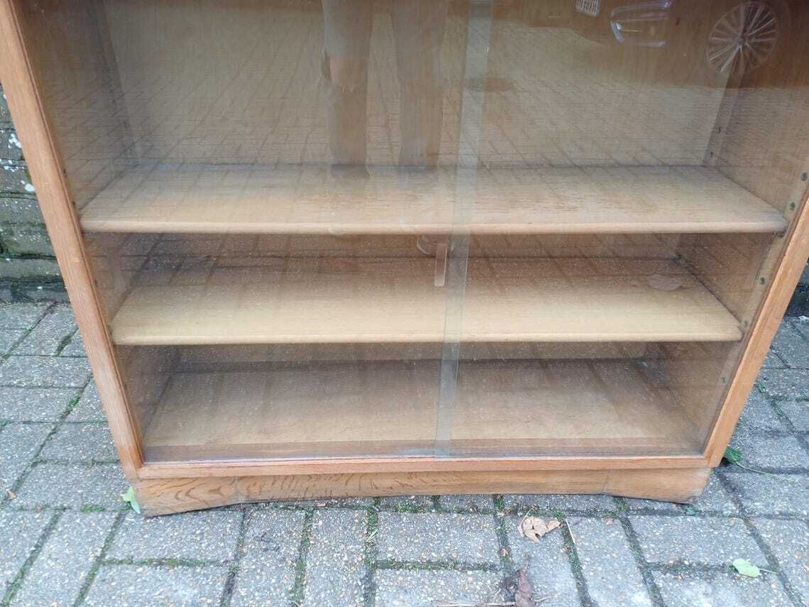 photo vintage Vintage 1960s Mid Century Oak Display Cabinet Two Piece Bookcase Sliding Glass Doors Adjustable Shelves Retro