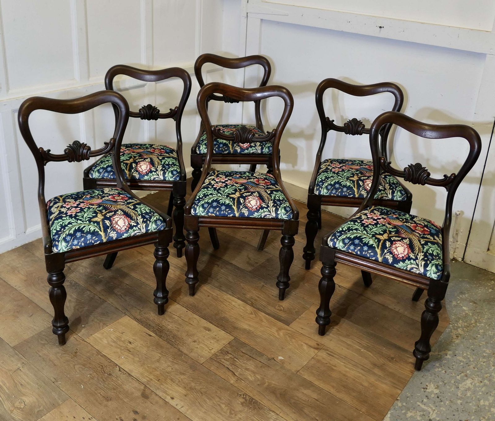 Set Of 6 Victorian Dining Chairs, Upholstered With William Morris Velvet